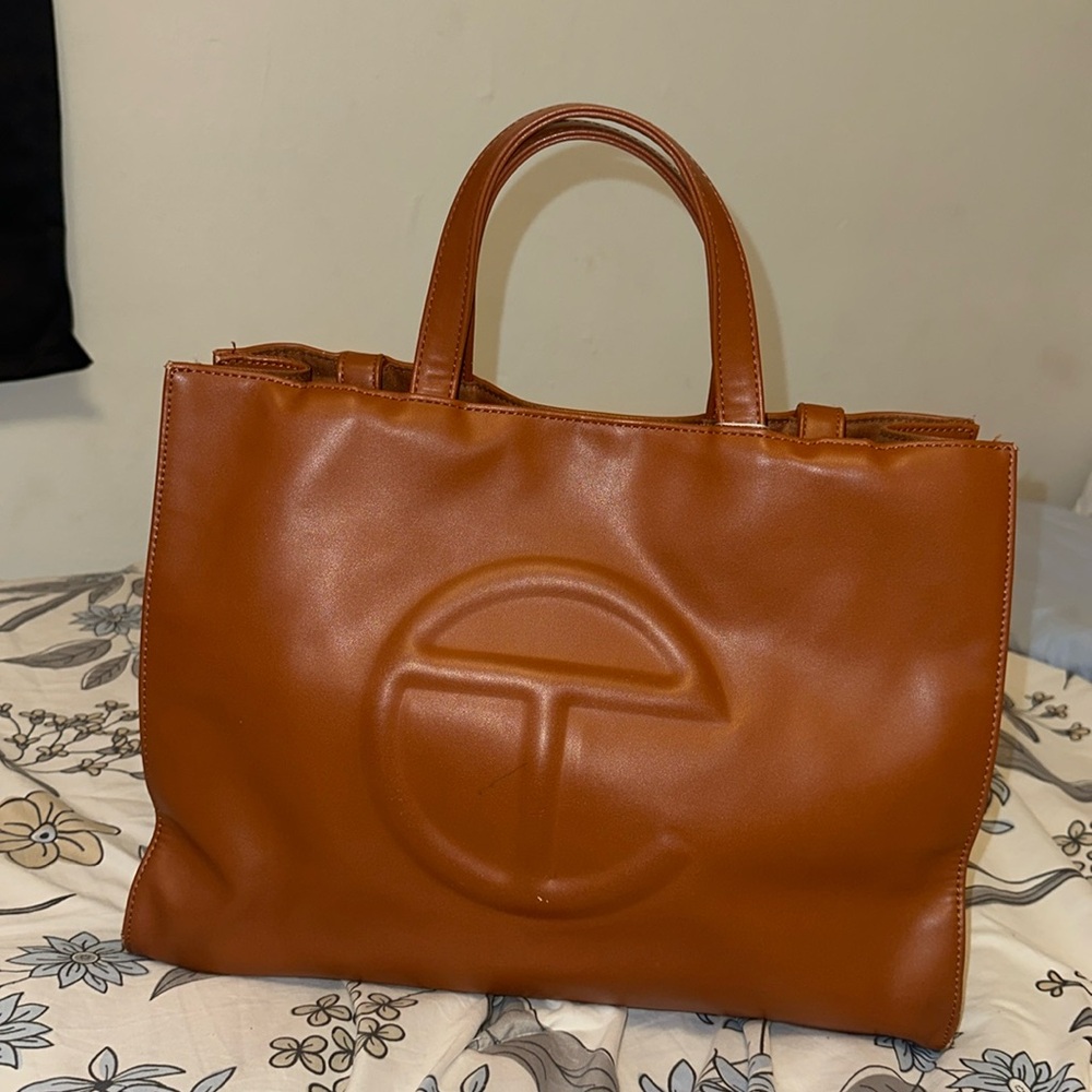 Telfar Tan Medium Brown Leather Tote with Embossed Logo
